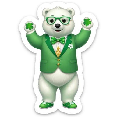 full body friendly anthropomorphised polar bear smiling, wearing large multicolored star-shaped glasses, green bow tie, shamrock pin, festive green shirt, green trainers, St. Patrick's Day sticker