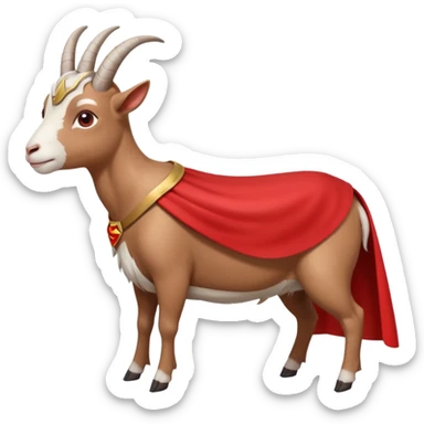 side view of white female goat wearing a read cape like superman sticker