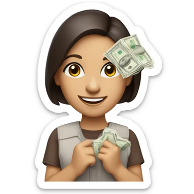 brunette girl with brown eyes smile holds paper dollars in her hands sticker