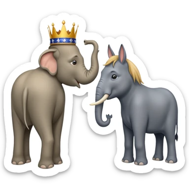 Democratic Party elephant facing Republican Party donkey with King Trump inbetween sticker