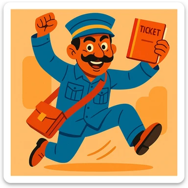 Pakistani bus conductor in traditional uniform, energetic pose, mustache, holding ticket book, vibrant colors, expressive face, South Asian features, simple background sticker