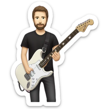 white man with dark beard and black t shirt and pastel pink stratocaster electric guitar without pickguard sticker