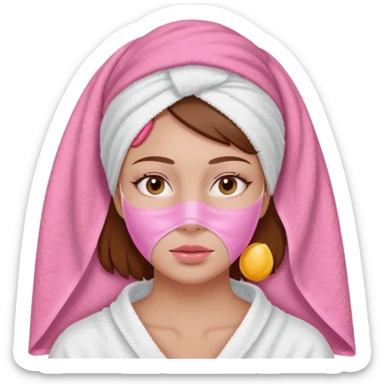 A woman with brown hair, a white towel wrapped around her head. Her face is covered with a pink skincare mask applied to the T-zone and cheeks sticker