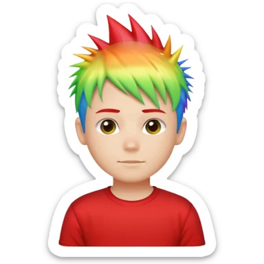 Boy with rainbow streaks — short spiky hair glowing under light, red T-shirt sticker