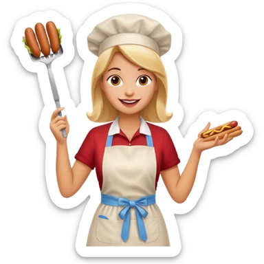 A cheerful woman selling hotdogs, waving a tongs in one hand. sticker