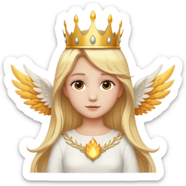 Emoji-style angel: blonde hair, golden flame-like crown, golden halo, large detailed white wings, white dress, soft cute emoji aesthetic. sticker