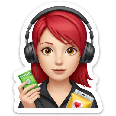 A woman with red hair and gaming headset holding a condom packets sticker