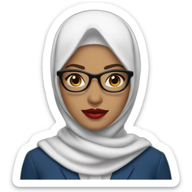 Hijabi white woman with glasses and dark brown eyes wearing a blue suit and red lipstick sticker