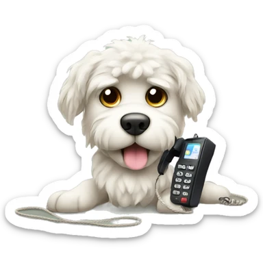dog with corded phone. His eyebrows are raised as if to question the message he is recieving on the phone. His fur is a bit more ruffled sticker