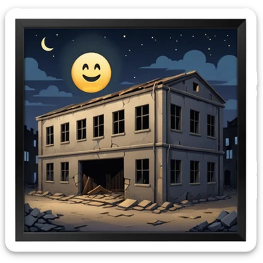 cinematic realistic ultra HD - a warehouse in a secluded place, at night with broken walls sticker