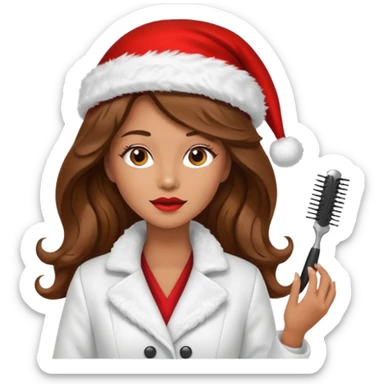 mujer peinandose en la peluqueria y con un gorro de navidad, cabello largo café y ondulado sticker