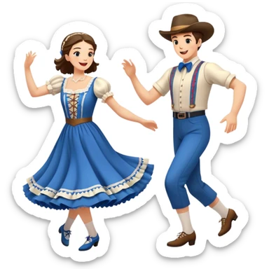 Cinematic Realistic scene of two square dancers in traditional American folk costumes, captured in joyful, coordinated motion with vibrant, rustic lighting that highlights their cultural heritage sticker