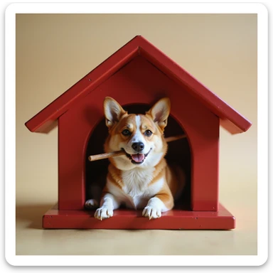 realistic red dog house with a Corgi dog inside, Corgi with a stick, photorealistic style sticker
