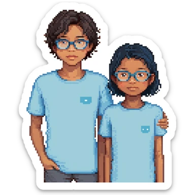 a light brown girl with black medium hair, clear glasses, wearing a light blue top, and a light blue boy next to her sticker