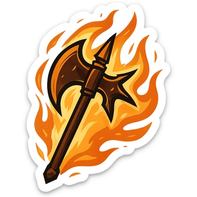 a stylized halbert with fire effects, rear spikes, prominent axe blade, weapon icon, no background sticker