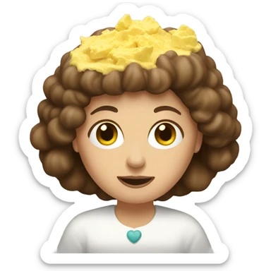 Lady with brown hair eating scrambled eggs with a halo sticker