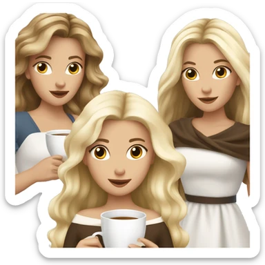 Four beautiful white european girls, one with blond hair and two dark blond hair in dresses drinking coffee  sticker
