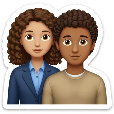 white male with short, straight, medium brown hair, shorter mixed toned woman with long curly dark brown hair, relationship sticker