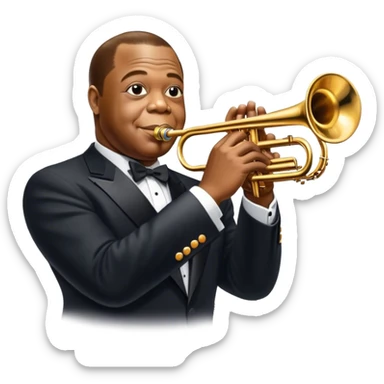 Icon for Jazz Music: Louis Armstrong with his trumpet in front of a jazz orchestra. Include musical instruments like a saxophone, trumpet, and piano, with floating musical notes around. The design should capture the smooth and soulful vibe of jazz. Transparent background. sticker