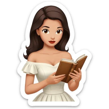 Beautiful woman in 1950’s woman fashion look, off-shoulder white dress, long dark brown hair, reading  sticker