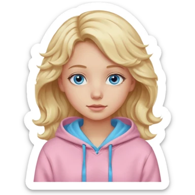 Generate a blonde girl with blue eyes with wavy hair in a pastel pink hoodie  sticker