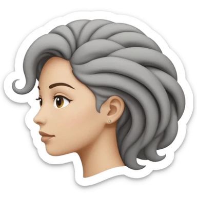 Minimalist emoji-style sticker of a woman’s head in profile, her hair spiraling into a vortex shape. Desaturated black and gray tones, emoji proportions.
 sticker