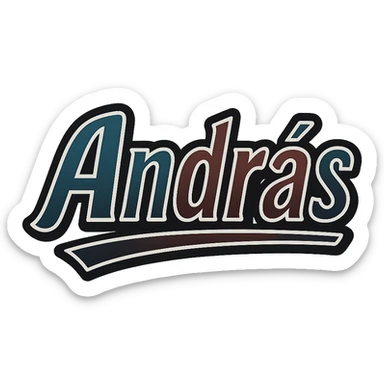 Text image of the name 'András' in a modern, dynamic font with masculine gradient colors including blue, green, gray, dark burgundy, brown, and dark blue shades. The text has a thin white outline, a dark outer contour, and an underline. The style is inspired by the Péter sample image. Size 1000x1000 px, PNG format, transparent background. sticker