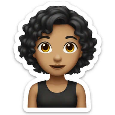 A young girl with light brown skin, black hair, wavy hair, and wearing a black t-shirt sticker