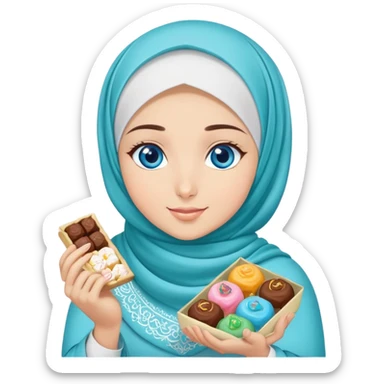 Turkish beautiful finish Konya girl blue eyes with turkis hijab islamic dress and had on her hand text Eid Mubarak with sweets and celebrating with her friends eid days   sticker