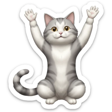 grey and white cat doing a big long stretch reaching up into the air with arms and legs side by side together sticker