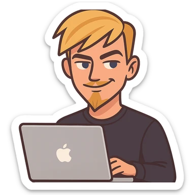flat-toon style young blond male, blue eyes, modern forward-styled hair with fringe, sly proud smile, thin blonde mustache and sharp goatee, working on MacBook, clean, stylish, tech-savvy, web-ready sticker