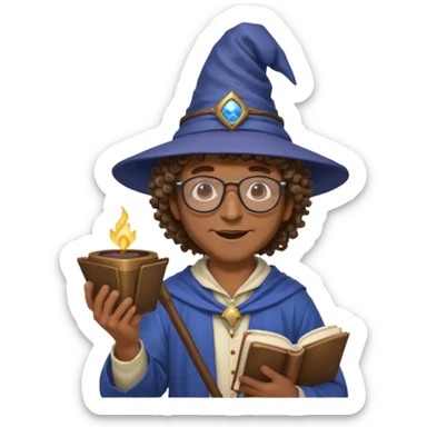 A Joyful Adult Male with Brown skin and Curly hair, wearing a Traditional outfit, a Wizard hat, Sunglasses, carrying a Spellbook, working as a farmer, while drinking Coffee and reading a Textbook. sticker