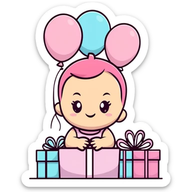happy baby girl surrounded by pastel pink balloons and presents at birthday party sticker
