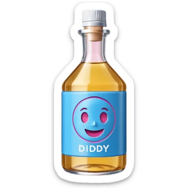 Smiling bottle of oil blue top pink outside with logo that says diddy oil sticker