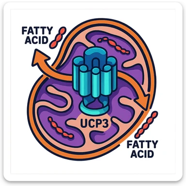 modern illustrative style molecular details of UCP3 protein transporting fatty acids inside stylized mitochondrion, arrows showing fatty acid transport, vivid colors, educational atmosphere, white background sticker