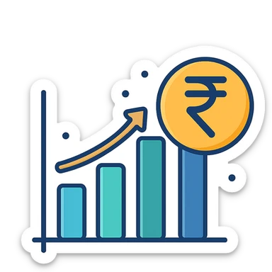 flat-toon style investment concept with bar graph and rupee symbol sticker