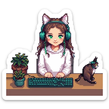 Change the girl to appear Caucasian and portray her as a night coder, with a nighttime background, keeping the pixel art style and cat headphones. Preserve transparent background if possible. sticker