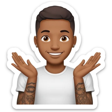 black man with small face tattoos, cheerful expression, wearing a t-shirt sticker