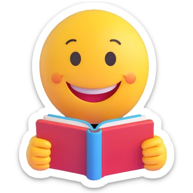 3D smiley emoji, round shape, grandmother with storybook, pink color, smiling face sticker