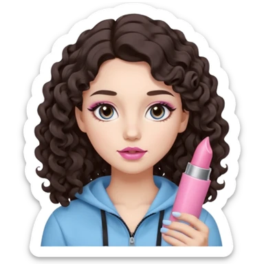 A girl with long dark brown hair styled in loose 36mm curls, round-almond Douyin-style eyes with long curled lashes, cool-tone neutral makeup. She’s wearing a light-blue athletic outfit and holding a normal-size pink lipstick (not oversized) in one hand. sticker