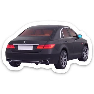 black luxury car with a visible dent, hammer and rod forming an X on the rear right corner, reflection lamp above rear illuminating damaged area, elegant and modern sticker