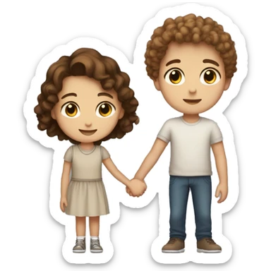 a short girl with brown hair and brown eyes holding hands with a taller boy with very light brown curly hair sticker