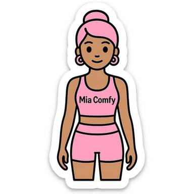 Add the name 'Mia Comfy' in a clear, stylish font on the pink yoga top. Keep the background transparent. sticker