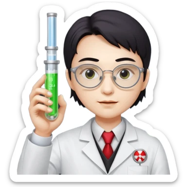 Dr. Lunar Fang – scientist vampire adjusting square lab glasses, holding a glowing test tube of “Type O” fuel sticker