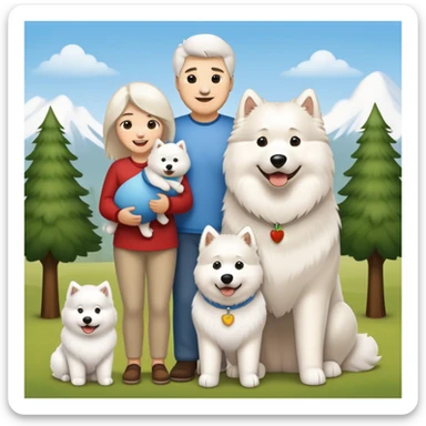 A family portrait in Apple iOS emoji style, featuring a dad, a mom, a 2-year-old baby boy, a fluffy white Samoyed dog, and a large Alaskan Malamute. All characters are smiling and standing close together in a warm, happy scene. sticker
