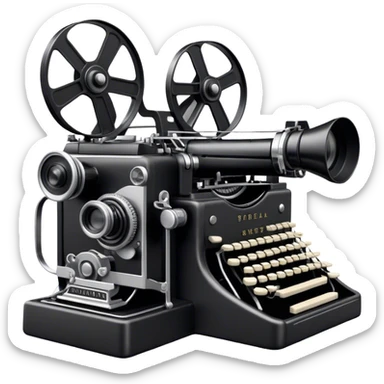 Create an emoji representing screenwriting. The design should feature an open script with visible dialogue and action lines, symbolizing the writing of a screenplay. Add a movie camera next to the script to emphasize the cinematic aspect of screenwriting. Include a classic typewriter to signify the process of creating a script. Use a professional color palette with black, white, and subtle metallic tones. Do not include any emojis or smiley faces. Make the background transparent. sticker