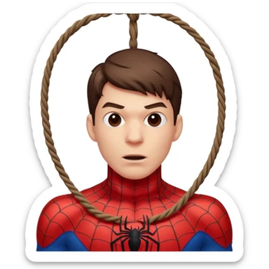 spiderman hanging himself with a noose made of webs by the throat sticker