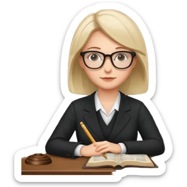 lawyer woman, sitting at a desk with law books, glasses, focused sticker