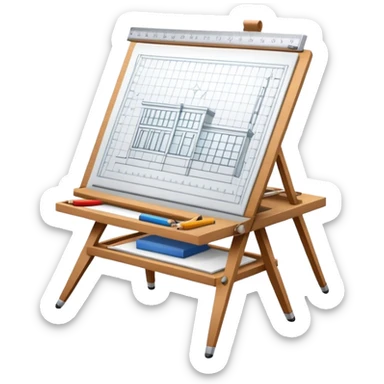 Sleek icon for Architecture: engineer's drawing board with 3D model of the building,  pencil, architect's easel, rulers and protractor. Transparent background. sticker
