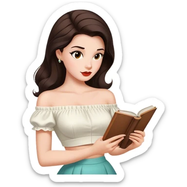 Beautiful woman in 1950’s woman fashion look, off-shoulder white shirts crop top, long dark brown hair, reading sticker
